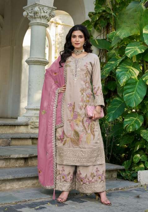 cream Zari Work Shimmer Salwar Kameez
