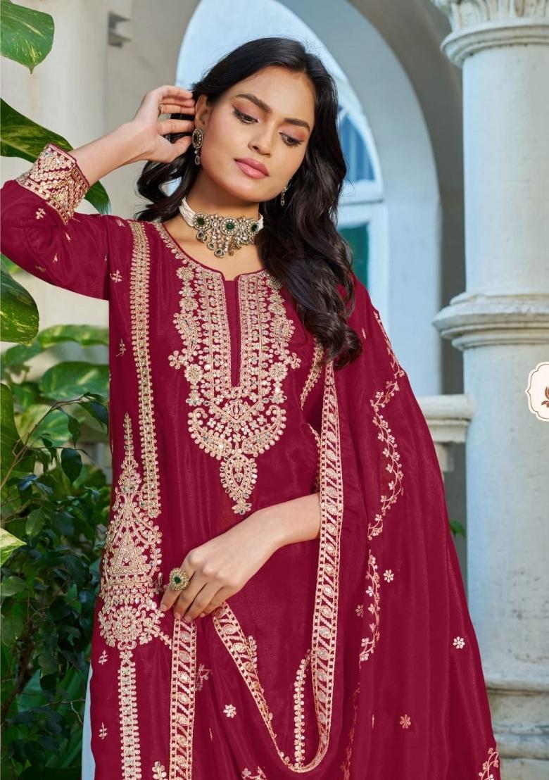 maroon Zari Work Silk Blend Salwar Kameez - Indya