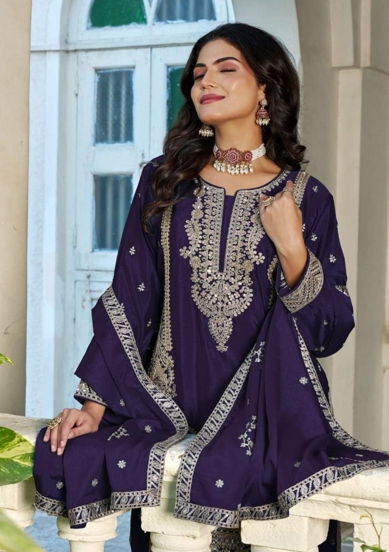 violet Zari Work Silk Blend Salwar Kameez - Indya