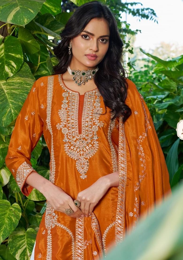 orange Zari Work Silk Blend Salwar Kameez - Indya