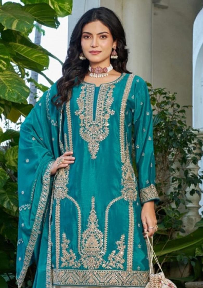 blue Zari Work Silk Blend Salwar Kameez - Indya