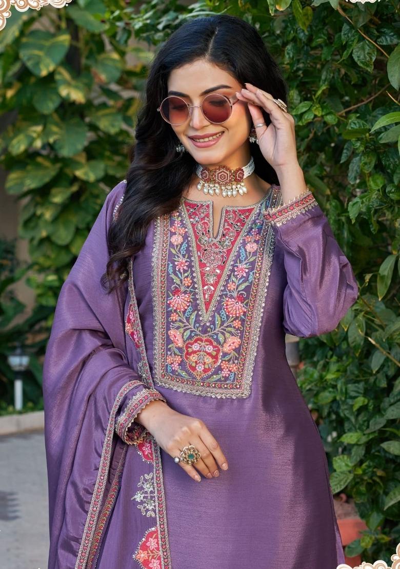 purple Zari Work Silk Blend Salwar Kameez - Indya