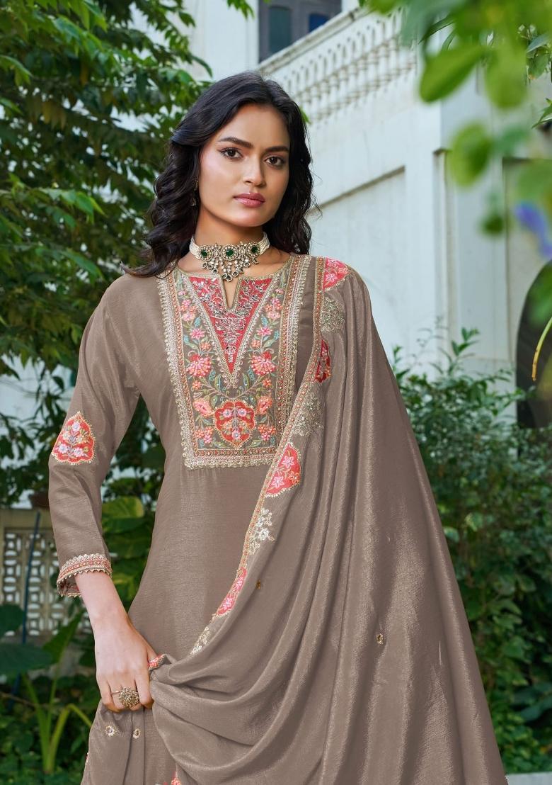 chiku Zari Work Silk Blend Salwar Kameez - Indya
