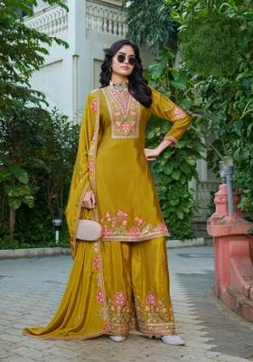 mustard Zari Work Silk Blend Salwar Kameez