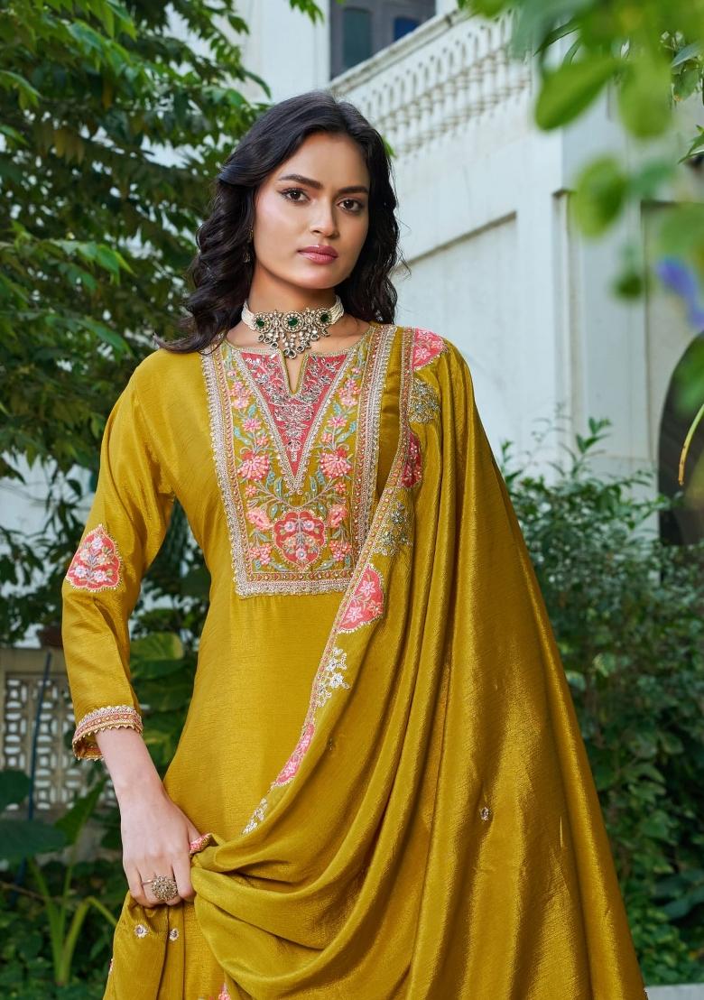 mustard Zari Work Silk Blend Salwar Kameez - Indya