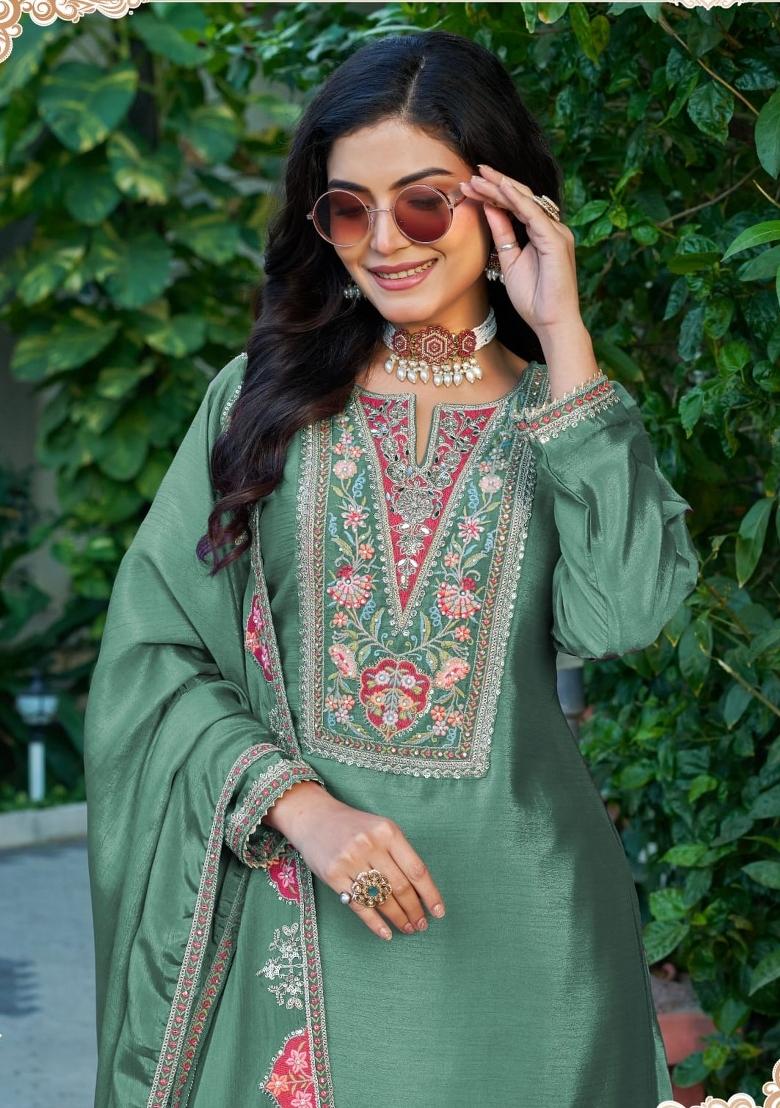 sea green Zari Work Silk Blend Salwar Kameez - Indya