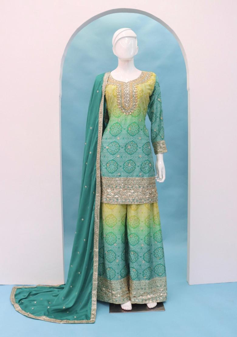 Green Zari Work Silk Blend Salwar Suit - Indya