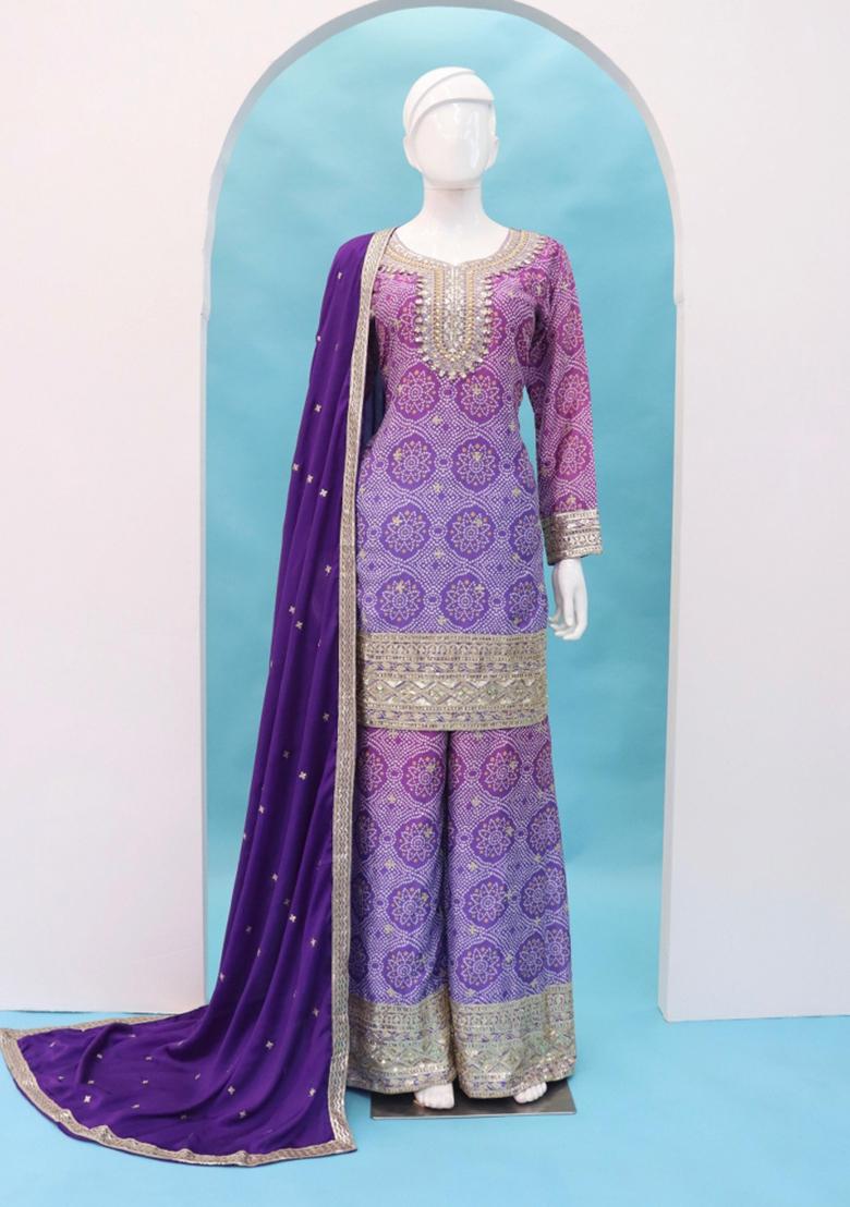 lavender Zari Work Silk Blend Salwar Suit - Indya