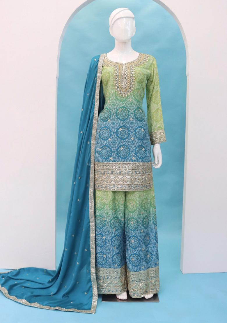 Blue Zari Work Silk Blend Salwar Suit - Indya
