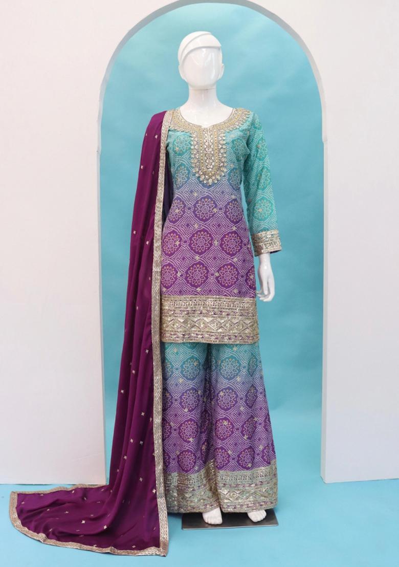 Purple Zari Work Silk Blend Salwar Suit - Indya