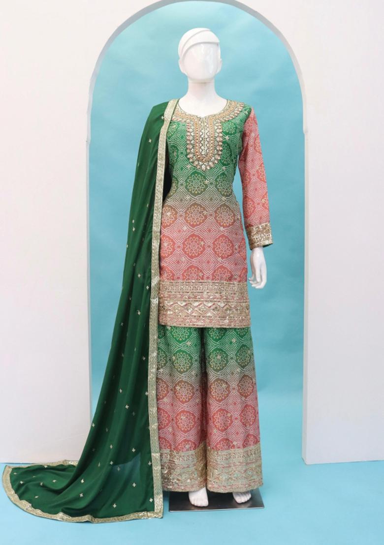 Peach Zari Work Silk Blend Salwar Suit - Indya