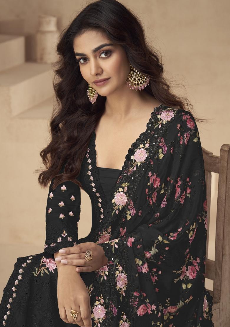 black Zari Work Silk Blend Salwar Suit - Indya