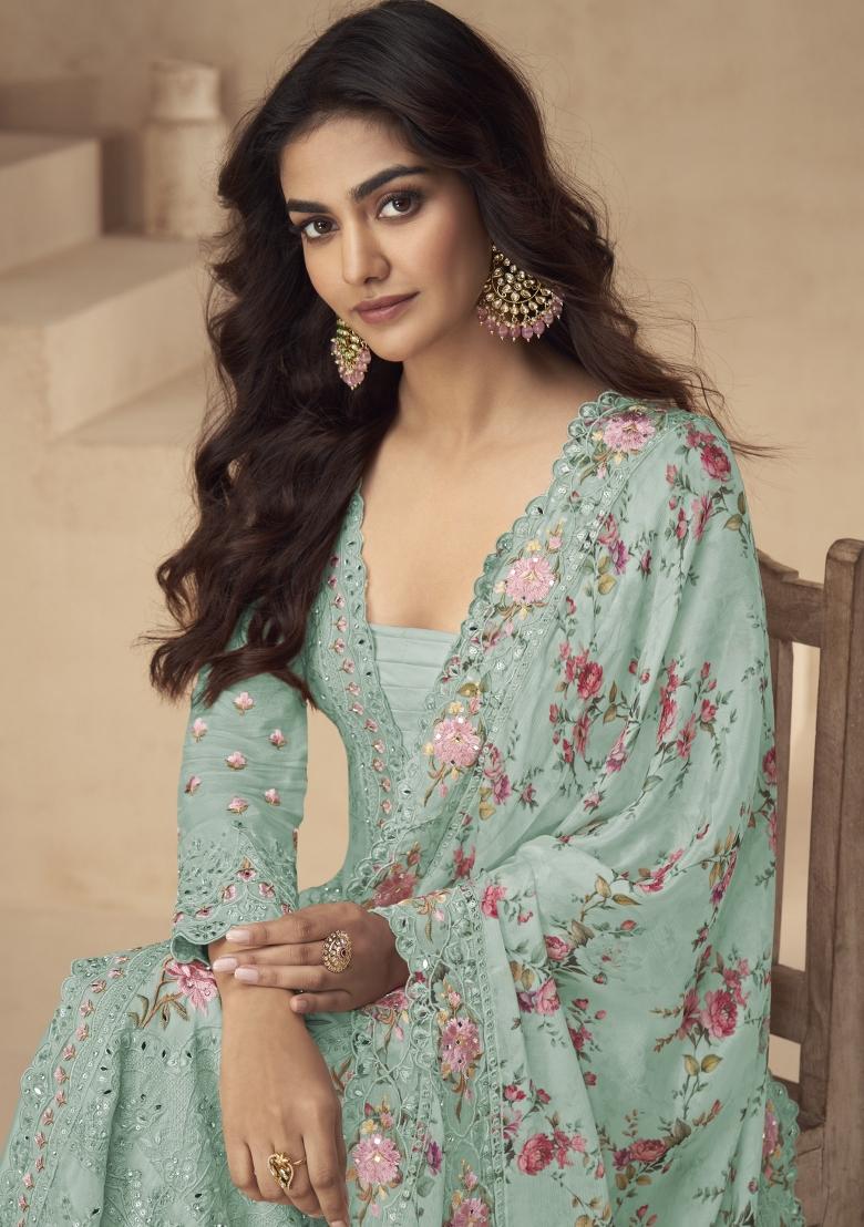 sea green Zari Work Silk Blend Salwar Suit - Indya