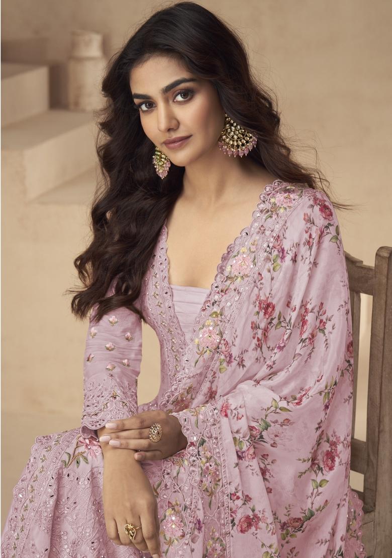 rani pink Zari Work Silk Blend Salwar Suit - Indya