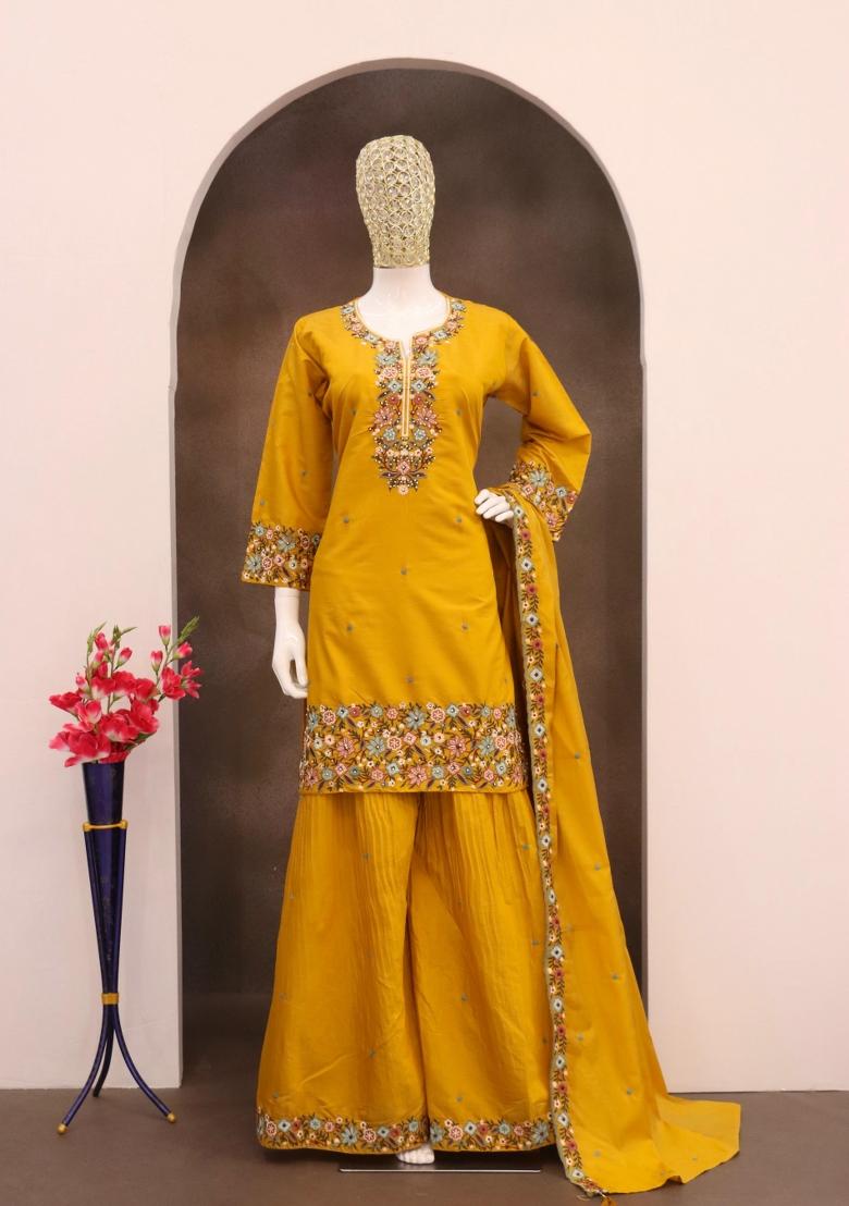 mustard Zari Work Shimmer Salwar Suit - Indya