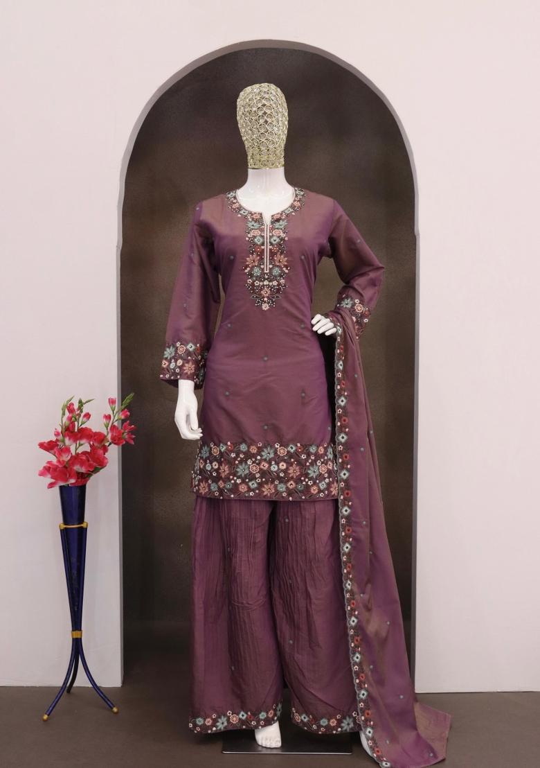 wine Zari Work Shimmer Salwar Suit - Indya