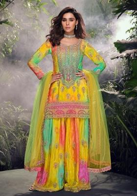 yellow Zari Work Silk Blend Salwar Suit