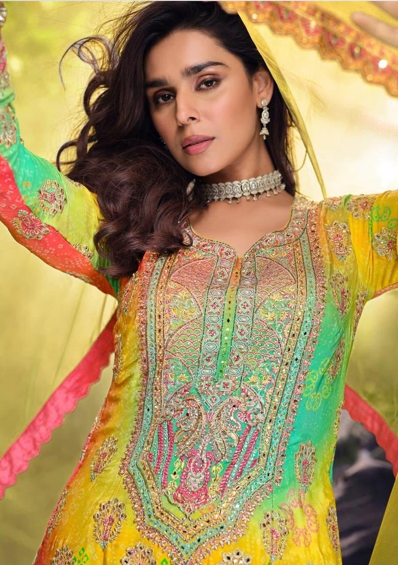 yellow Zari Work Silk Blend Salwar Suit - Indya