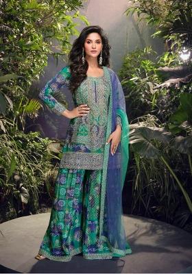 blue Zari Work Silk Blend Salwar Suit