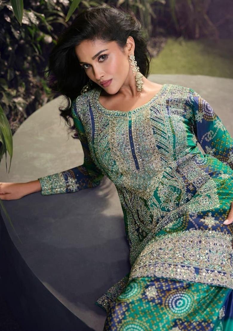 blue Zari Work Silk Blend Salwar Suit - Indya