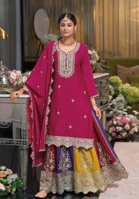 magenta Zari Work Silk Blend Salwar Suit