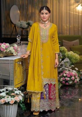 yellow Zari Work Silk Blend Salwar Suit
