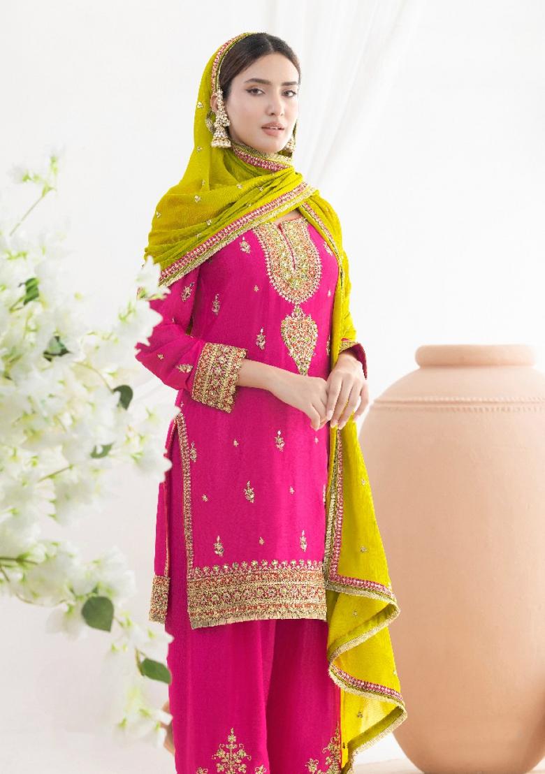 pink Zari Work Silk Blend Salwar Kameez - Indya