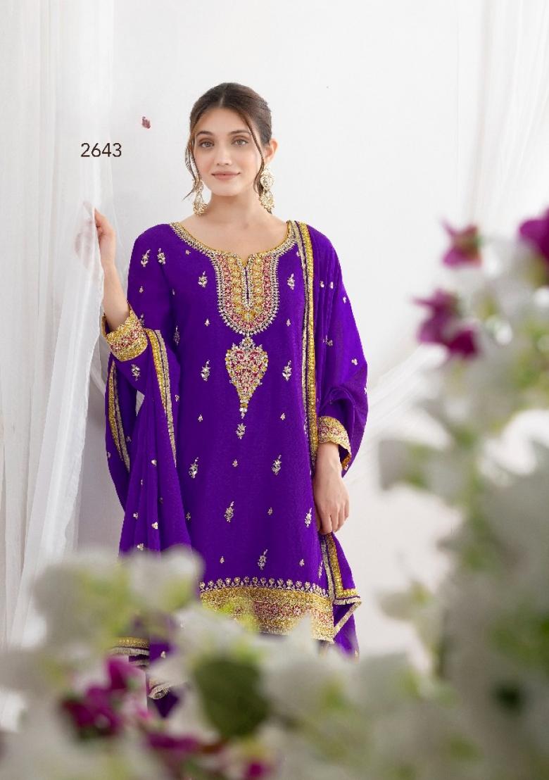 purple Zari Work Silk Blend Salwar Kameez - Indya
