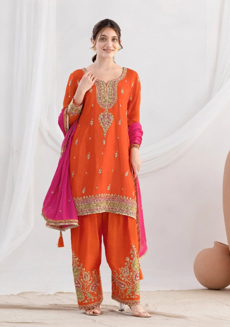 orange Zari Work Silk Blend Salwar Kameez - Indya