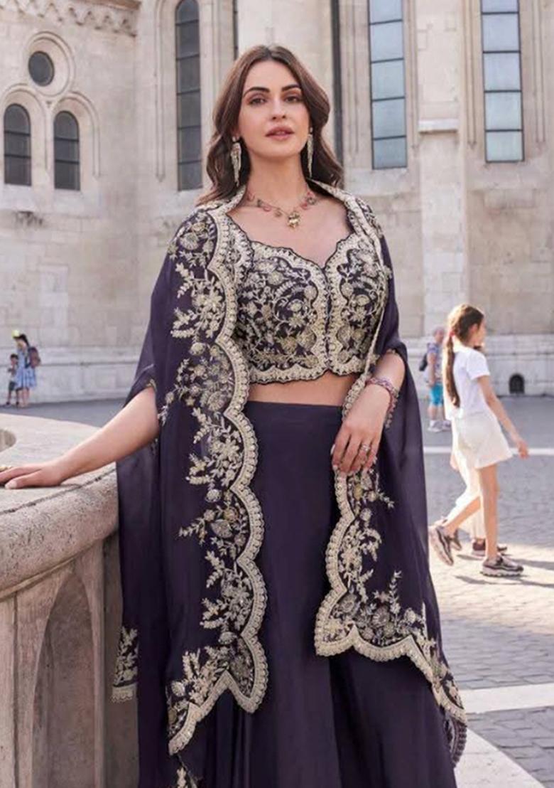 purple Zari Work Silk Indo Western Set - Indya
