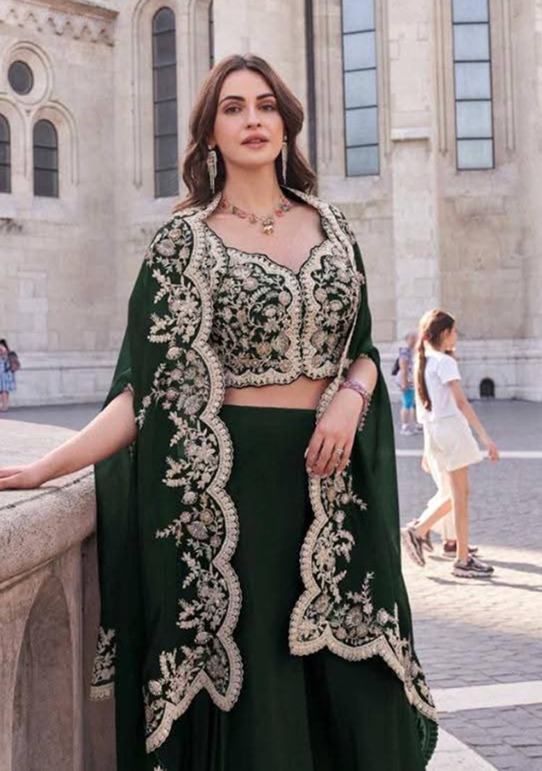 green Zari Work Silk Indo Western Set - Indya