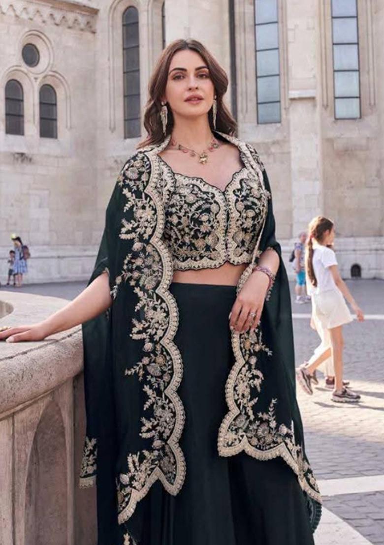black Zari Work Silk Indo Western Set - Indya