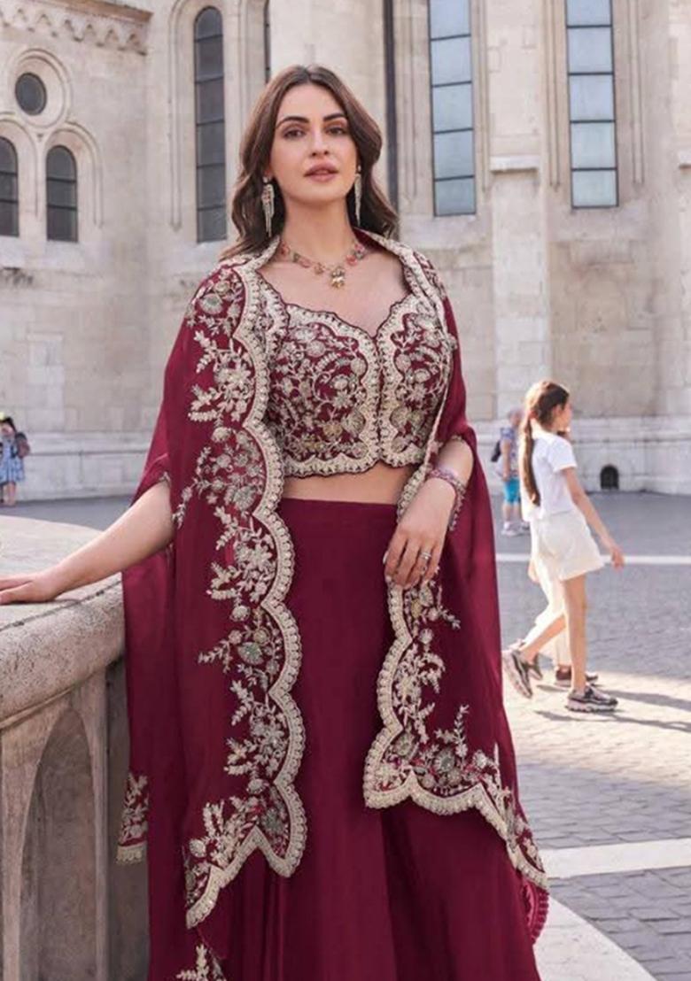 blood red Zari Work Silk Indo Western Set - Indya