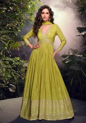 Lime Zari Work Viscose Anarkali With Dupatta