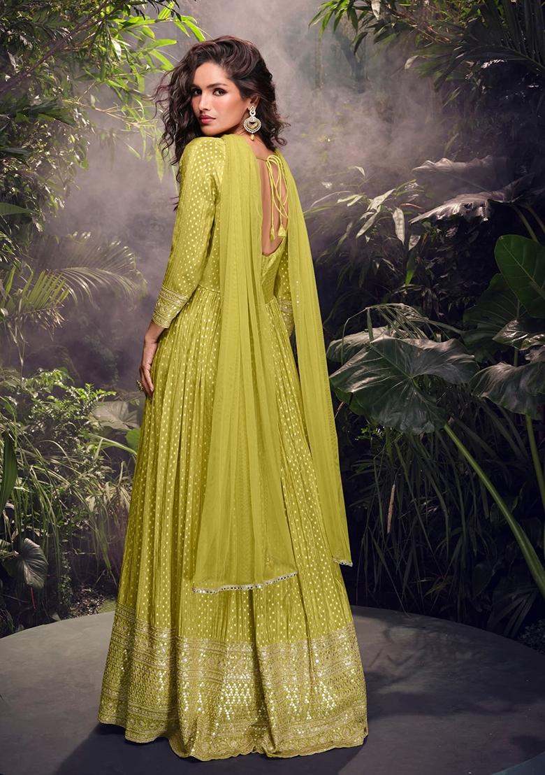 Lime Zari Work Viscose Anarkali With Dupatta - Indya