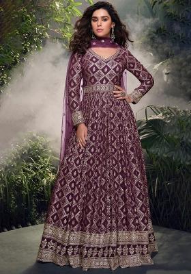Wine Zari Work Viscose Anarkali With Dupatta