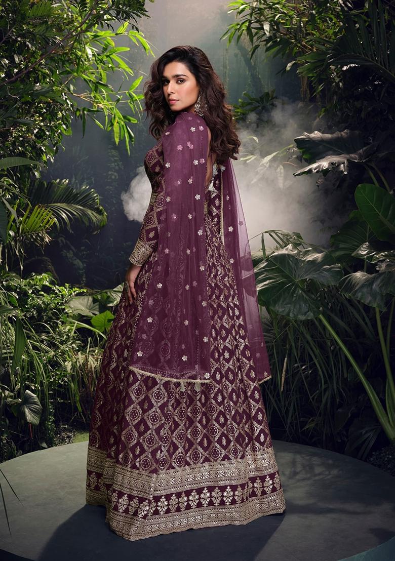 Wine Zari Work Viscose Anarkali With Dupatta - Indya