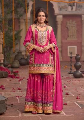 rani pink Zari Work Silk Salwar Suit