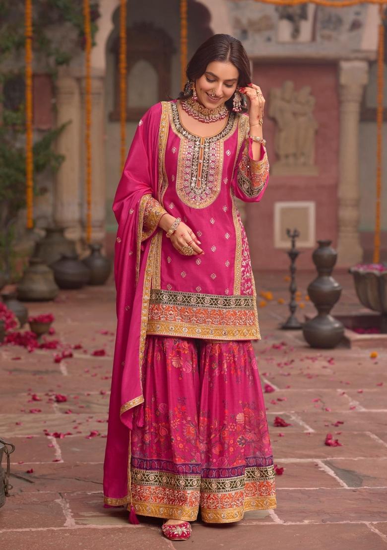rani pink Zari Work Silk Blend Salwar Suit - Indya