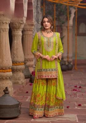 parrot green Zari Work Silk Blend Salwar Suit