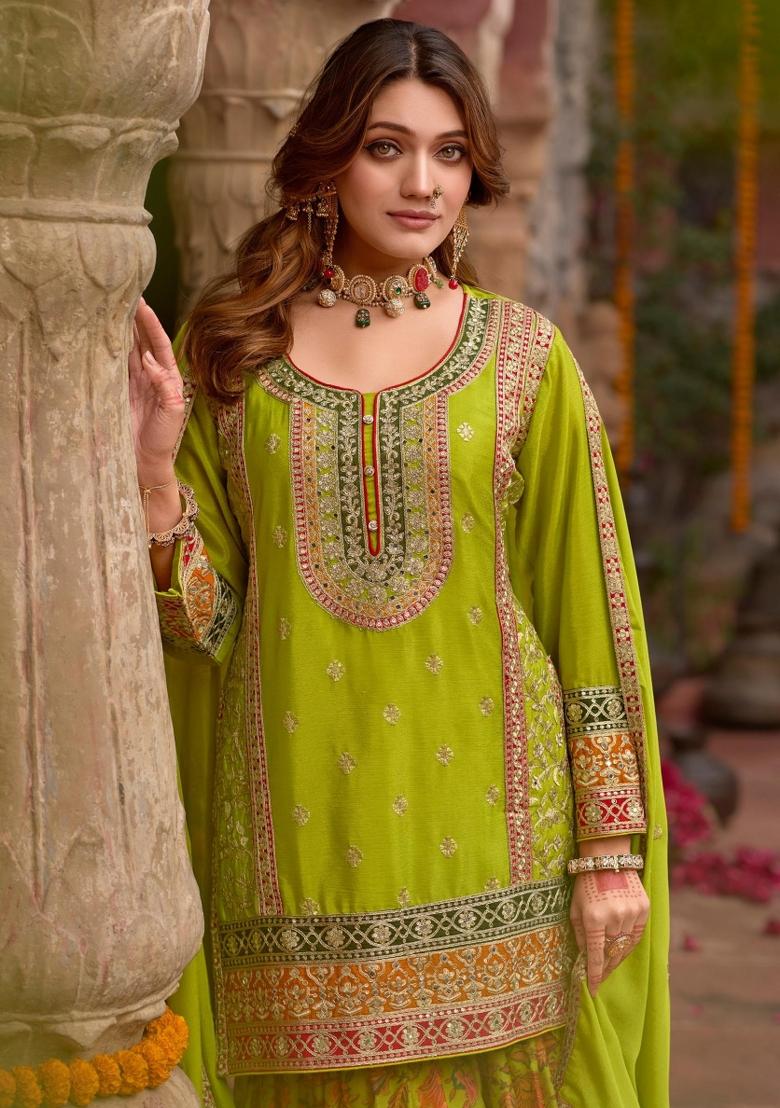 parrot green Zari Work Silk Blend Salwar Suit - Indya
