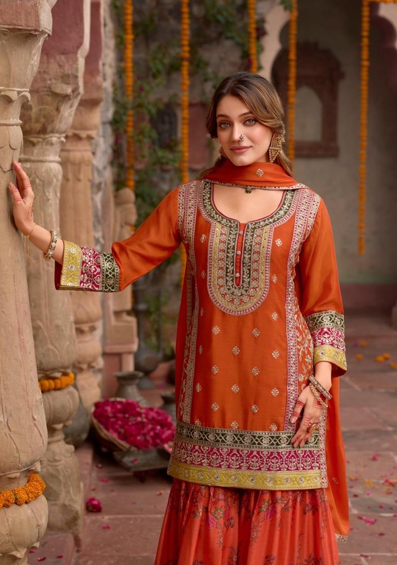 orange Zari Work Silk Blend Salwar Suit - Indya