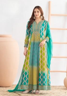 green Zari Work Silk Blend Anarkali With Dupatta