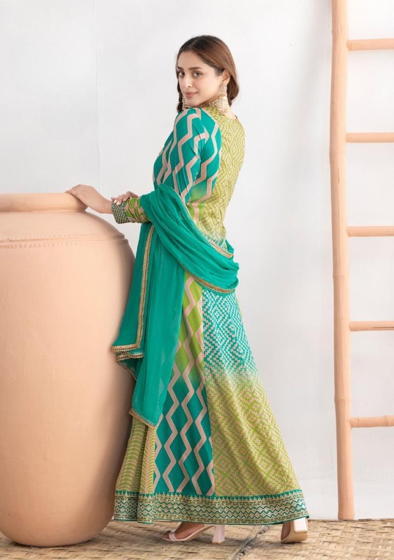 green Zari Work Silk Blend Anarkali With Dupatta - Indya