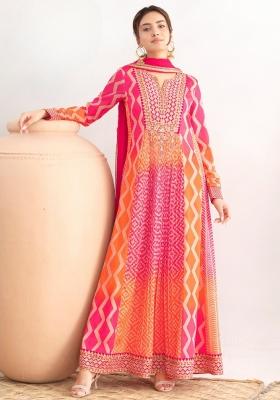 pink Zari Work Silk Blend Anarkali With Dupatta
