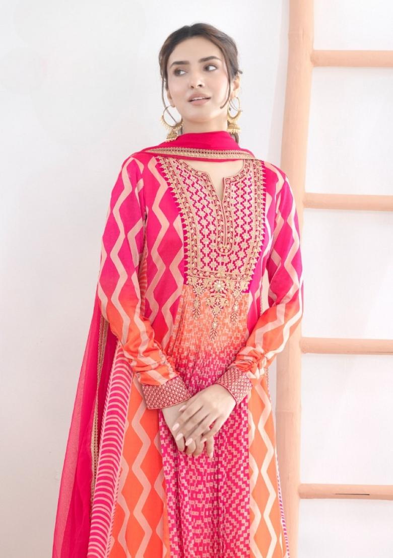 pink Zari Work Silk Blend Anarkali With Dupatta - Indya