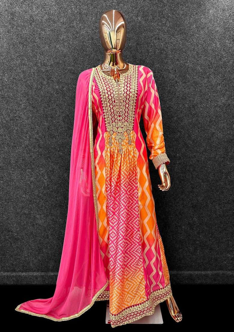 pink Zari Work Silk Blend Anarkali With Dupatta - Indya