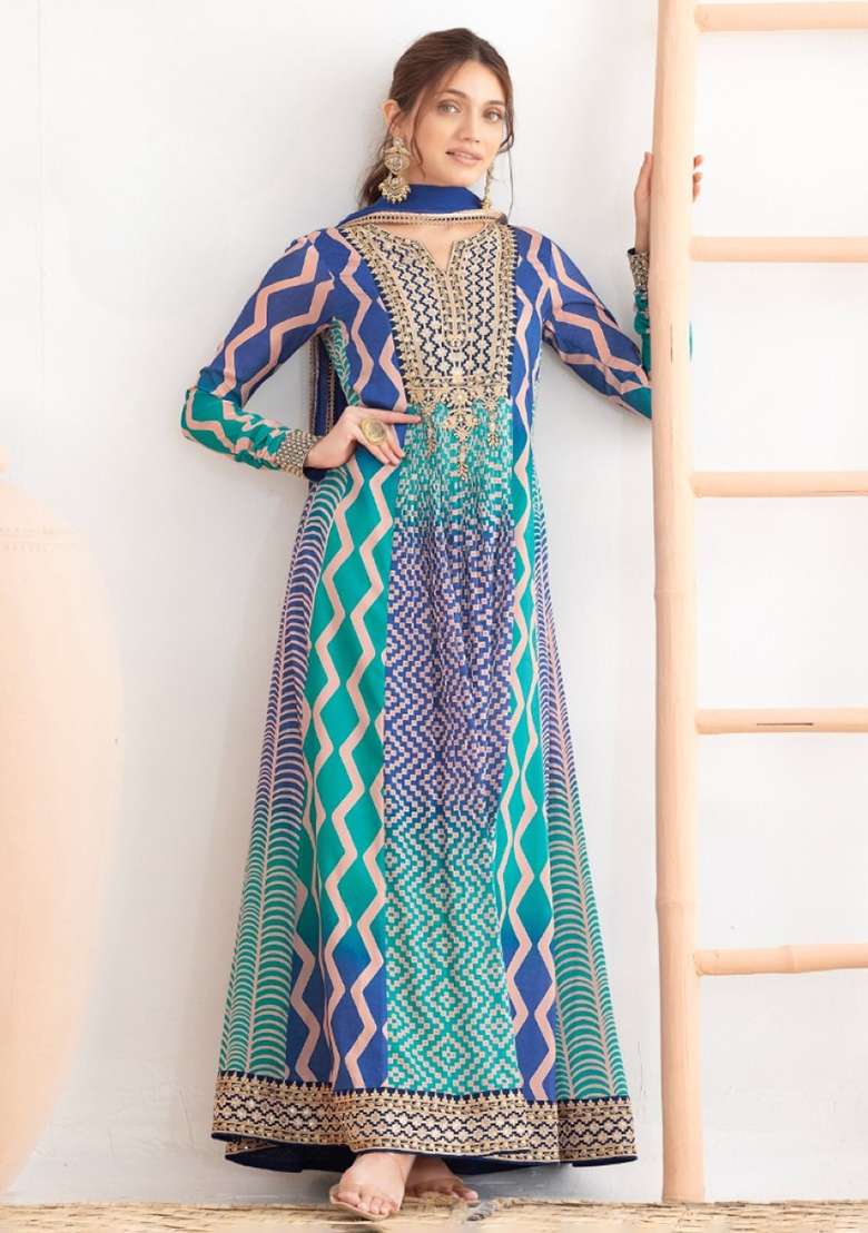 blue Zari Work Silk Blend Anarkali With Dupatta - Indya
