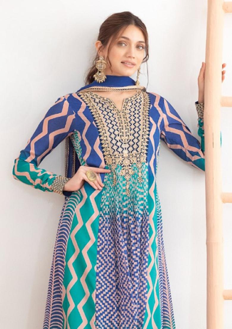 blue Zari Work Silk Blend Anarkali With Dupatta - Indya