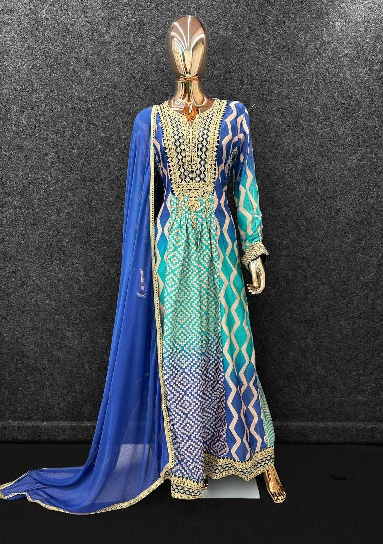 blue Zari Work Silk Blend Anarkali With Dupatta - Indya